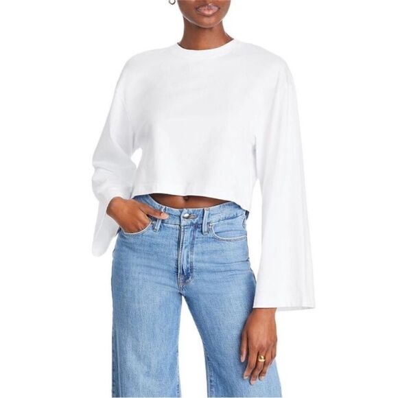 FRAME NWT Womens White Cropped Bell Sleeve Solid Pullover Top Shirt size L - Picture 1 of 2